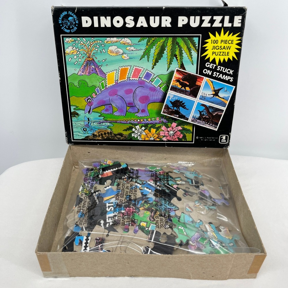 Vintage 1989 USPS Benjamin Franklin Stamp Club Dinosaur 100 Piece Jigsaw Puzzle